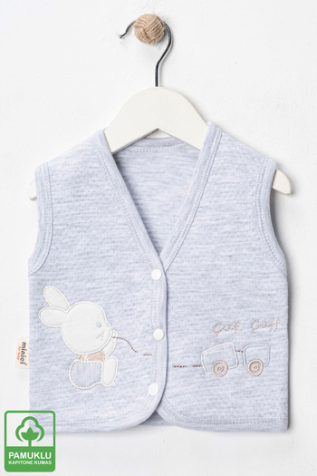 Miniel Unisex Baby Rabbit Embroidered Organic Cotton 3-6-9 Months 2 Pieces Quilted Baby Vest - Gray