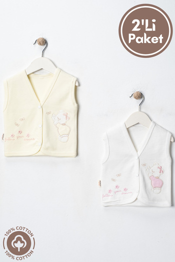 Miniel Baby Girl Teddy Bear Embroidered Organic Cotton 3-6-9 Months 2-Piece Combed Cotton Baby Vest - Yellow