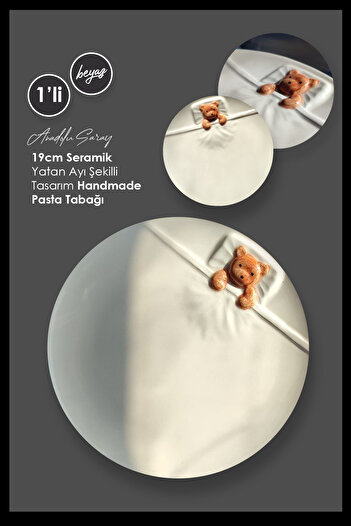 Anadolu Saray 1'li Beyaz 19cm Seramik Yatan Ayı Şekilli Tasarım Handmade Pasta Tabağı Tatlı Kahvaltı Pasta Tabağı
