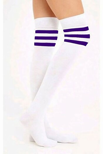 KARDEŞLER ÇORAP White Knee High Cotton Socks with Purple Stripes