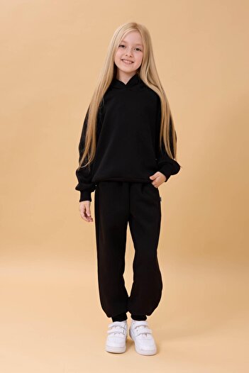 Perendi Reglan Kol Kapüşonlu İçi Polarlı Unisex Çocuk Takım Siyah