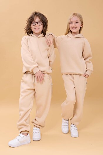 Perendi Unisex Children's Suit Beige with Raglan Sleeves and Hooded Fleece Inside