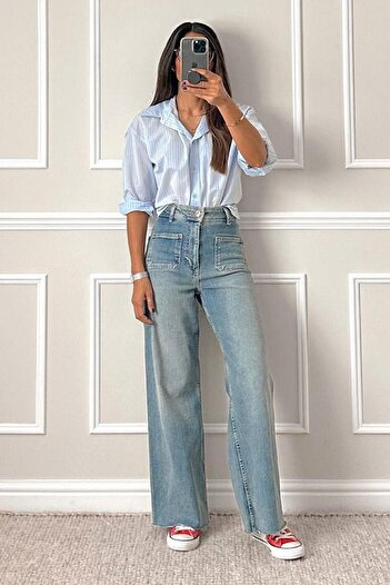 Madmext Pantaloni de jeans de damă albastru deschis cu buzunar frontal Mg2500