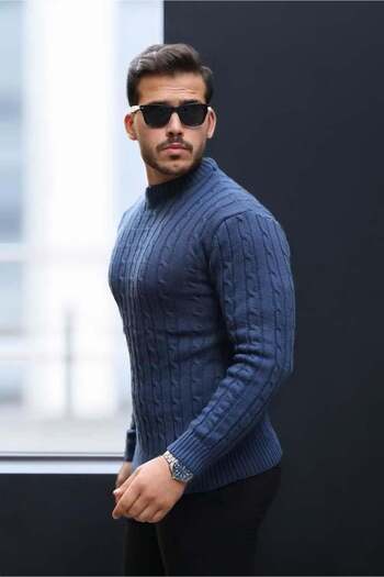 Valiberta Hair Braided Crew Neck Men's Knitwear Sweater - Indigo