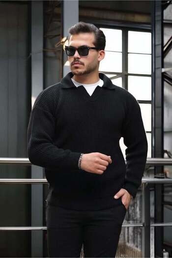Valiberta Joris Oversize Shirt Polo Neck Thessaloniki Knitted Men's Sweater - Black