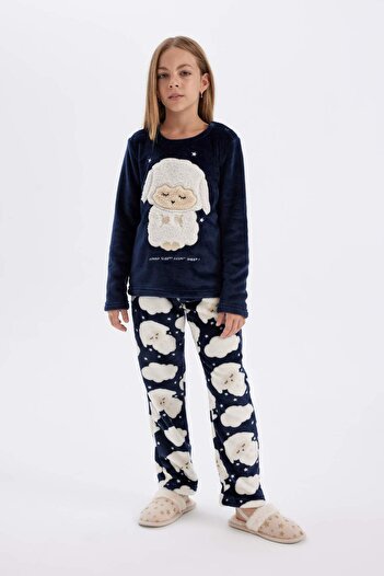 DeFacto Girls' Pajamas Suit Plush Long Sleeve Top with Elastic Waist Long Bottom D1083A824Wn