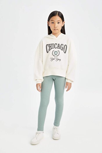 DeFacto Girl's 2-Piece Set Hooded Printed Sweashirt Elastic Waist Ribbed Camisole Tights D0730A824Au