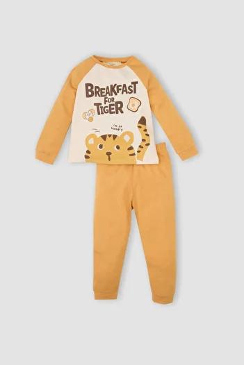 DeFacto Baby Boy Pajamas Set Crew Neck Printed Long Sleeve Top with Elastic Waist Bottom D3438A524Wn
