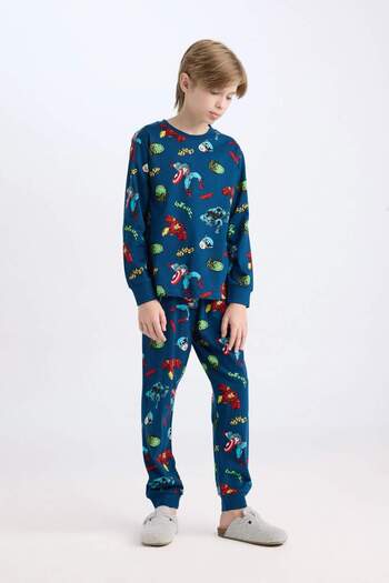 DeFacto Boy's Pajamas Suit Marvel Comics Long Sleeve Top with Elastic Waist Long Bottom D6328A824Wn
