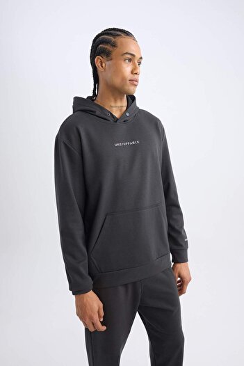 DeFacto DeFactoFit Standart Fit Kapüşonlu Arma Baskılı Kanguru Cepli Skuba Dalgıç Kumaş Sporcu Sweatshirt D1