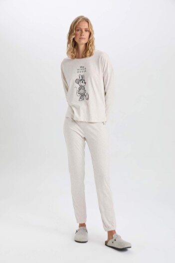 DeFacto Fall in Love Disney Mickey & Minnie Pajamas Suit Crew Neck Long Sleeve Top with Elastic Waist Bottom D22