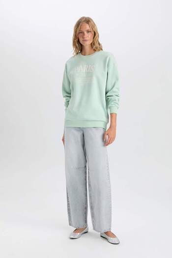 DeFacto Oversize Wide Fit Crew Neck Παχύ φούτερ με στάμπα D9804AX24WN