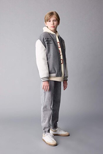 DeFacto Boy's Pocketed Bomber Jacket - College Collar, Snap Closure C5982A824Au