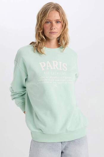 DeFacto Oversize Wide Fit Crew Neck Παχύ φούτερ με στάμπα D9804AX24WN