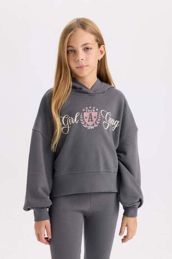 DeFacto Kız Çocuk 2'li Takım Baskılı Kapüşonlu Sweashirt Beli Lastikli Fitilli Kaşkorse Tayt D0730A824AU
