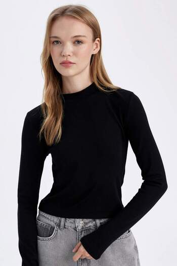DeFacto Black Modal Basic Fitted T-Shirt - Half Turtleneck, Long Sleeve D8097Ax24Wn