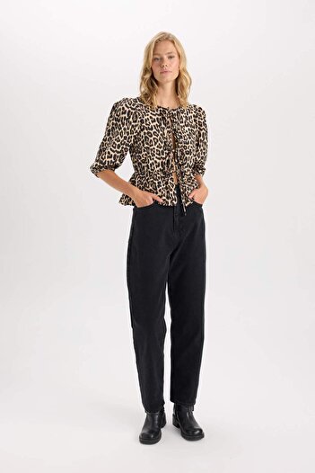 DeFacto Μπλούζα Leopard Print Poplin - Στρογγυλή λαιμόκοψη, Δέσιμο μπροστά, Μακρυμάνικο E1368AX24AU
