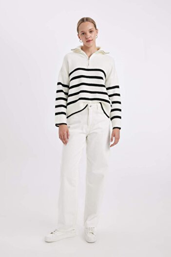DeFacto Oversize Wide Fit Striped Half Zipper Stand Collar Knitwear Sweater A7173Ax24Wn