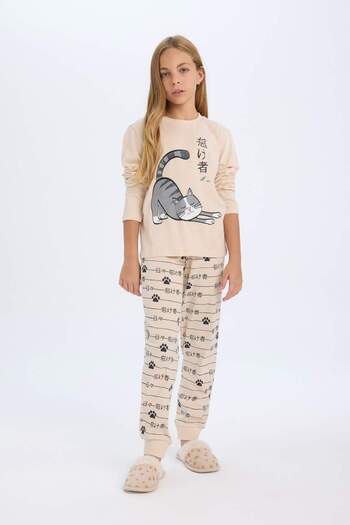 DeFacto Girls Pajamas Set Cat Printed Long Sleeve Top Long Bottom D2118A824Au