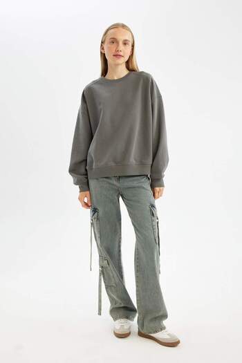 DeFacto Cool Oversize Wide Fit Crew Neck Silná základní obyčejná mikina A4177AX24WN