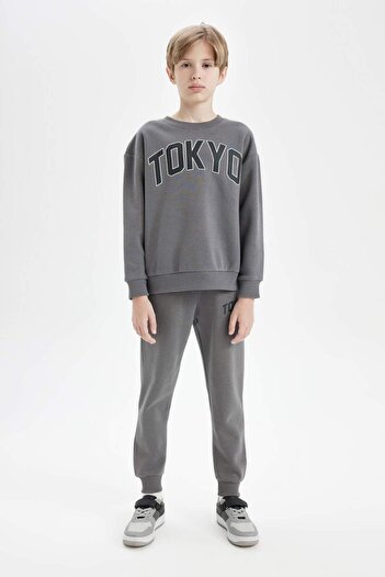 DeFacto Αγόρι ανθρακί Oversize Wide Fit Crew Neck με στάμπα χοντρό σχολικό φούτερ D1643a824au
