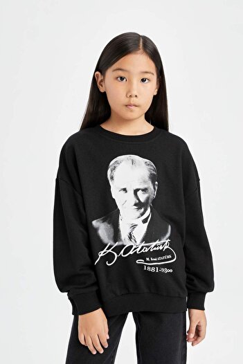 DeFacto Kız Çocuk Oversize Geniş Kalıp Bisiklet Yaka Atatürk Baskılı Sweatshirt D4187A824WN