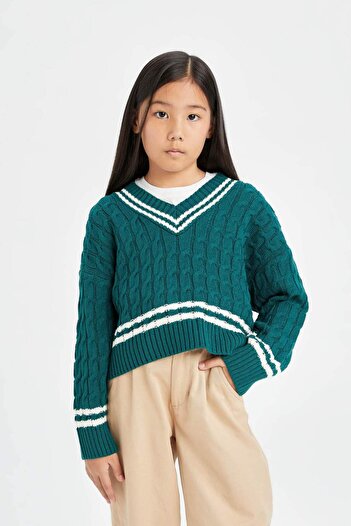 DeFacto Girl's V-Neck Hair Braided Knitwear Sweater D6760A8Ns