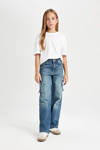 DeFacto Girls Wide Leg Cargo Pocket Wide Loose Leg Jean Pants D7176A824Wn