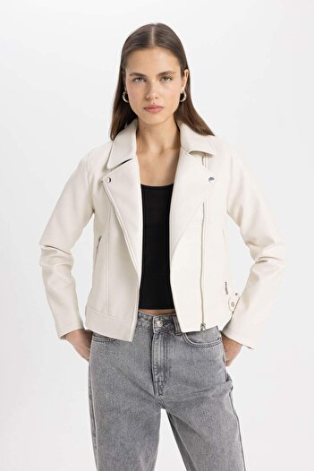 DeFacto Faux Leather Seasonal Jacket with Double Breasted Neckline and Zip Pocket - 4W1Dfmna0906__L12