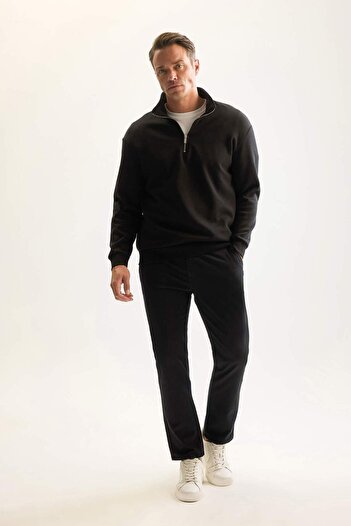 DeFacto Černá 3 vlákna Bavlna Raised Fleece Regular Fit Pohodlný střih Stojánek Límec Silná mikina na zip