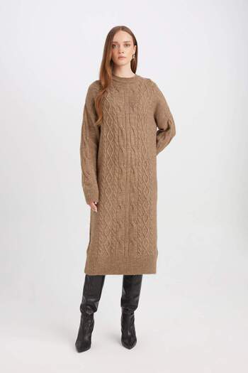 DeFacto Regular Fit Crew Neck Hair Braided Basic Plain Long Sleeve Maxi Knitwear Dress Y2073Az24Wn