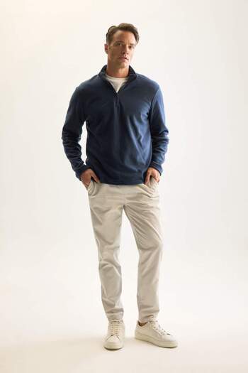 DeFacto Navy Blue Anti-Pilling Cold Proof Regular Fit Stand Collar Zippered Fleece Sweatshirt Y3996Azns