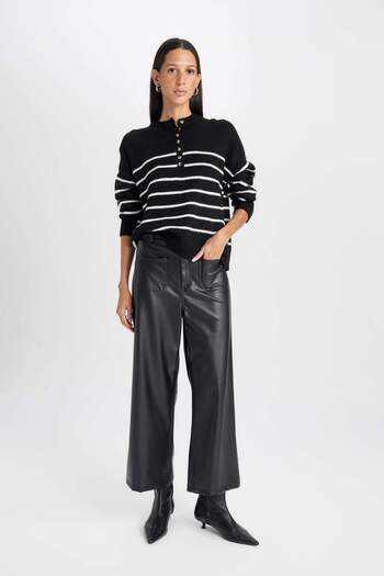 DeFacto Faux Leather Winter Pants with High Waist and Double Pockets Wide Leg - D4806Ax24Au