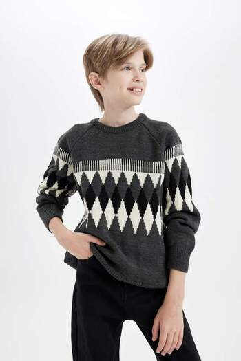 DeFacto Boy's Crew Neck Argyle Patterned Sweater C3138A824Cw