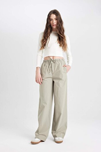DeFacto Coool Straight Fit Poplin Pants Basic Plain Pocket Elastic Waist Lace-Up D3764Ax24Au