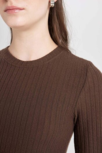 DeFacto Bodycon Vücudu Saran Bisiklet Yaka Basic Düz Kaşkorse Uzun Kollu Maxi Elbise D3373AX24WN