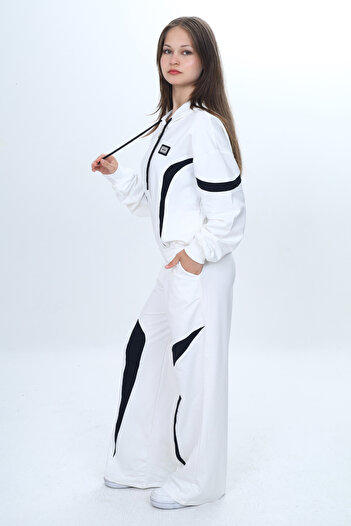 Joui Co Trend Oversize Girl's 100% Cotton Garnished Hooded Tracksuit Set – Zippered Model-315
