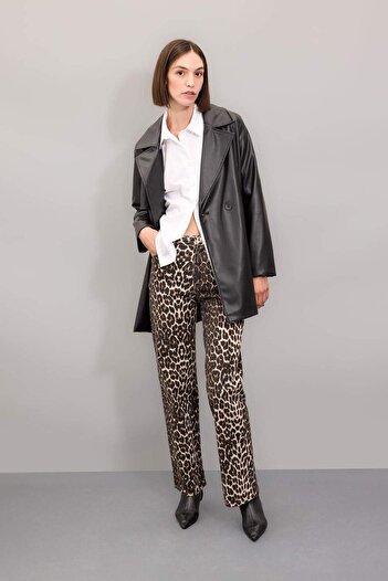 DeFacto Straight Fit Leopar Gabardin Palazzo Pantolon Yüksek Bel Cepli Uzun D1229AX24AU