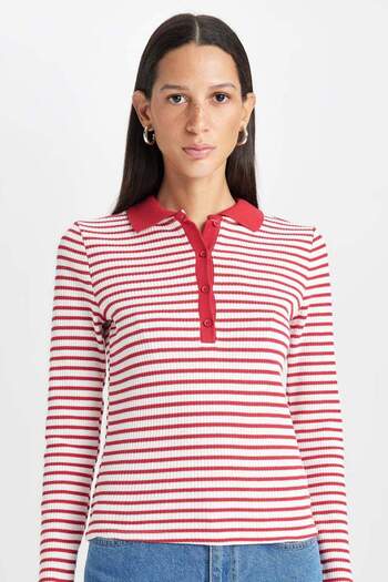 DeFacto Slim Fit Slim Fit Polo Neck Button Striped Ribbed Camisole Long Sleeve T-Shirt D5140Ax24Au
