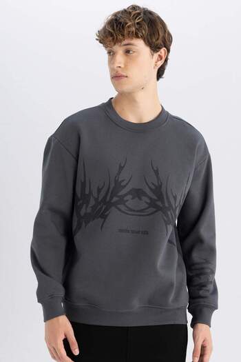 DeFacto Anthrazitfarbenes Boxy-Fit-Sweatshirt mit Rundhalsausschnitt für Herren D2023ax24au