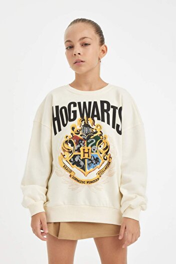 DeFacto Момиче Екрю Harry Potter Oversize суичър с широка шарка и деколте D3861a824au