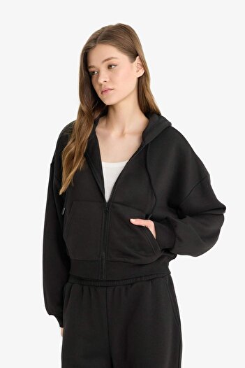 DeFacto Coool Standart Fit Kapüşonlu Basic Düz Kanguru Cepli Fermuarlı Siyah Sweatshirt Z7069AZ24WN