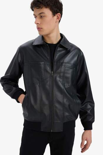 DeFacto Water Repellent Regular Fit Regular Cut Zipper Pocket Faux Leather Coat C5843Ax24Au