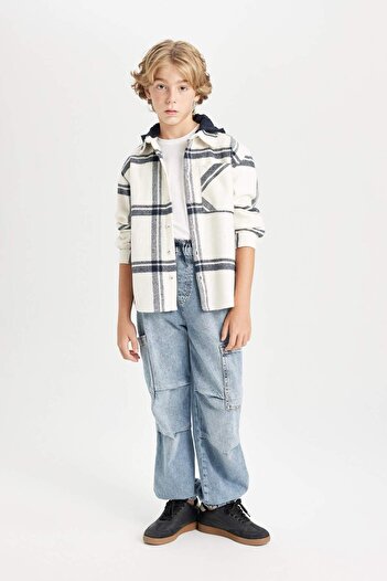DeFacto Boy Oversize Wide Fit Checkered Hooded Flannel Long Sleeve Shirt C7519A824Wn