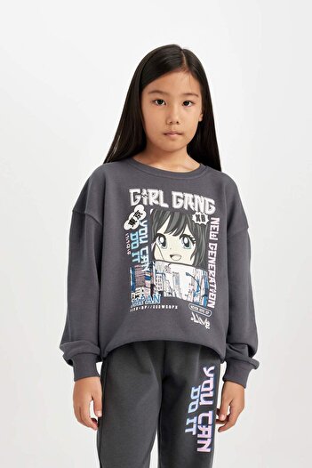 DeFacto Girl's Anthracite Oversize Wide Fit Crew Neck Printed Sweatshirt 3146912