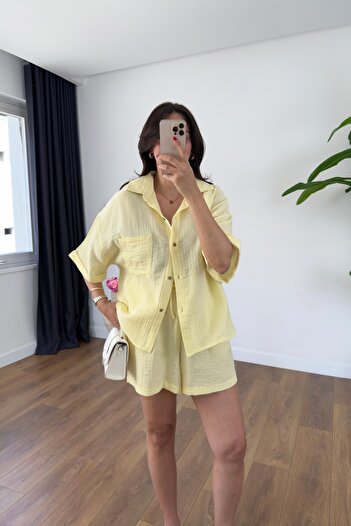 BİRCANÇİL Bomti Yellow Pocket Detailed Muslin Shirt Shorts Set