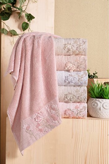 Fiesta Bamboo 50X90 cm Süzine Bürümcük 3 D Embroidered 6-Piece Pvc Boxed Hand Face Towel