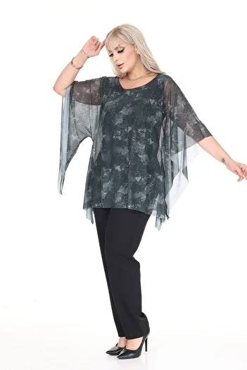 modayız Plus Size Glitter and Sleeve Detail Flowy Blouse 44C-2695