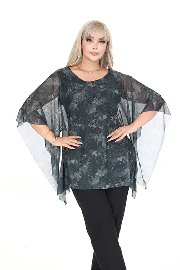 modayız Plus Size Glitter and Sleeve Detail Flowy Blouse 44C-2695
