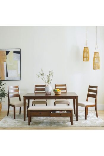 Danube Home Tovia 1+4+Bench Solid Wood Dining Set with Storage - Walnut/Beige